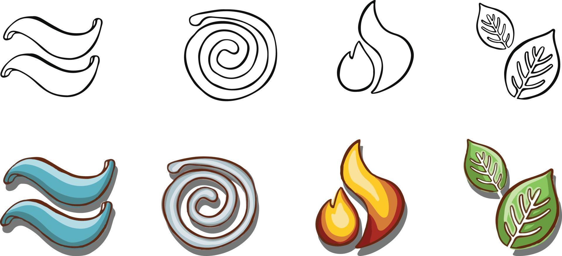 reeks van symbolen van de elementen, lucht, water, aarde, brand. hand- getrokken structuur vector