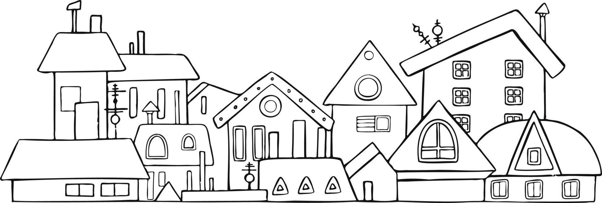 stad, stad- en platteland illustratie in lineair stijl - gebouwen, wolkenkrabber, kerk, fabriek, schuur. dun lijn kunst pictogrammen. hoog kwaliteit illustratie vector