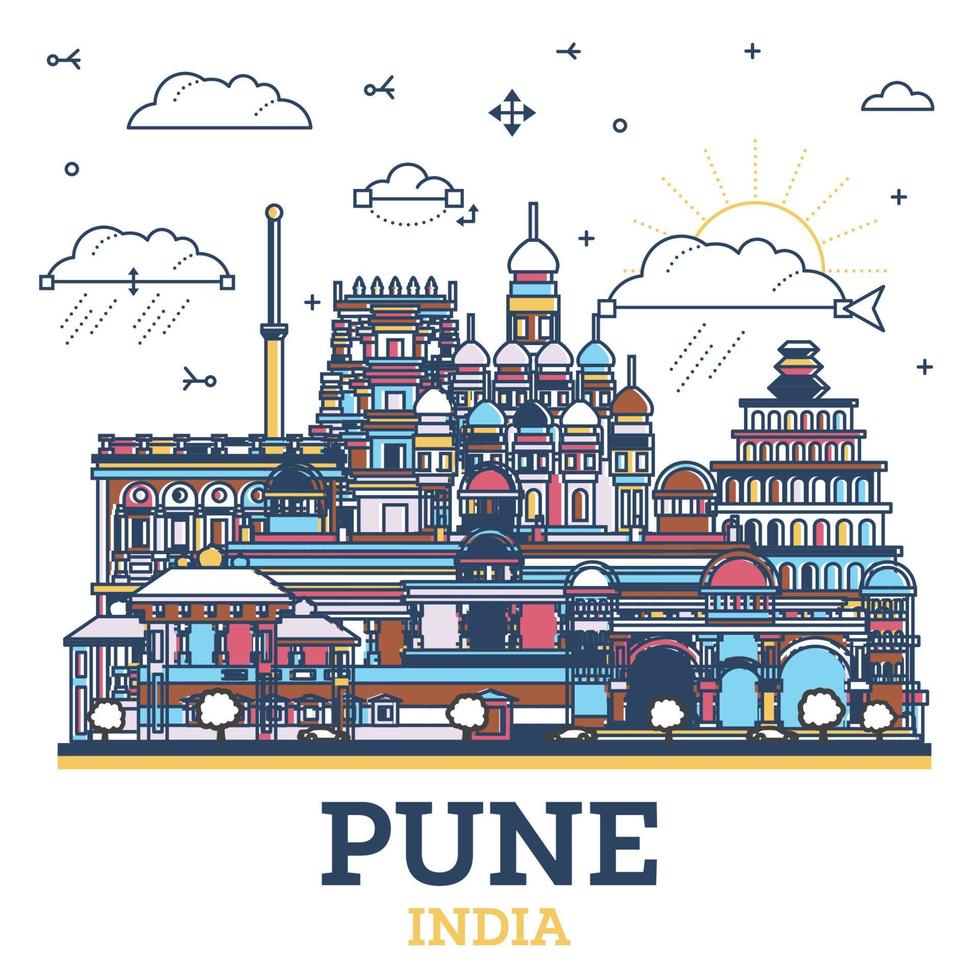 schets pune Indië stad horizon met gekleurde historisch gebouwen geïsoleerd Aan wit. pune maharashtra stadsgezicht met oriëntatiepunten. vector