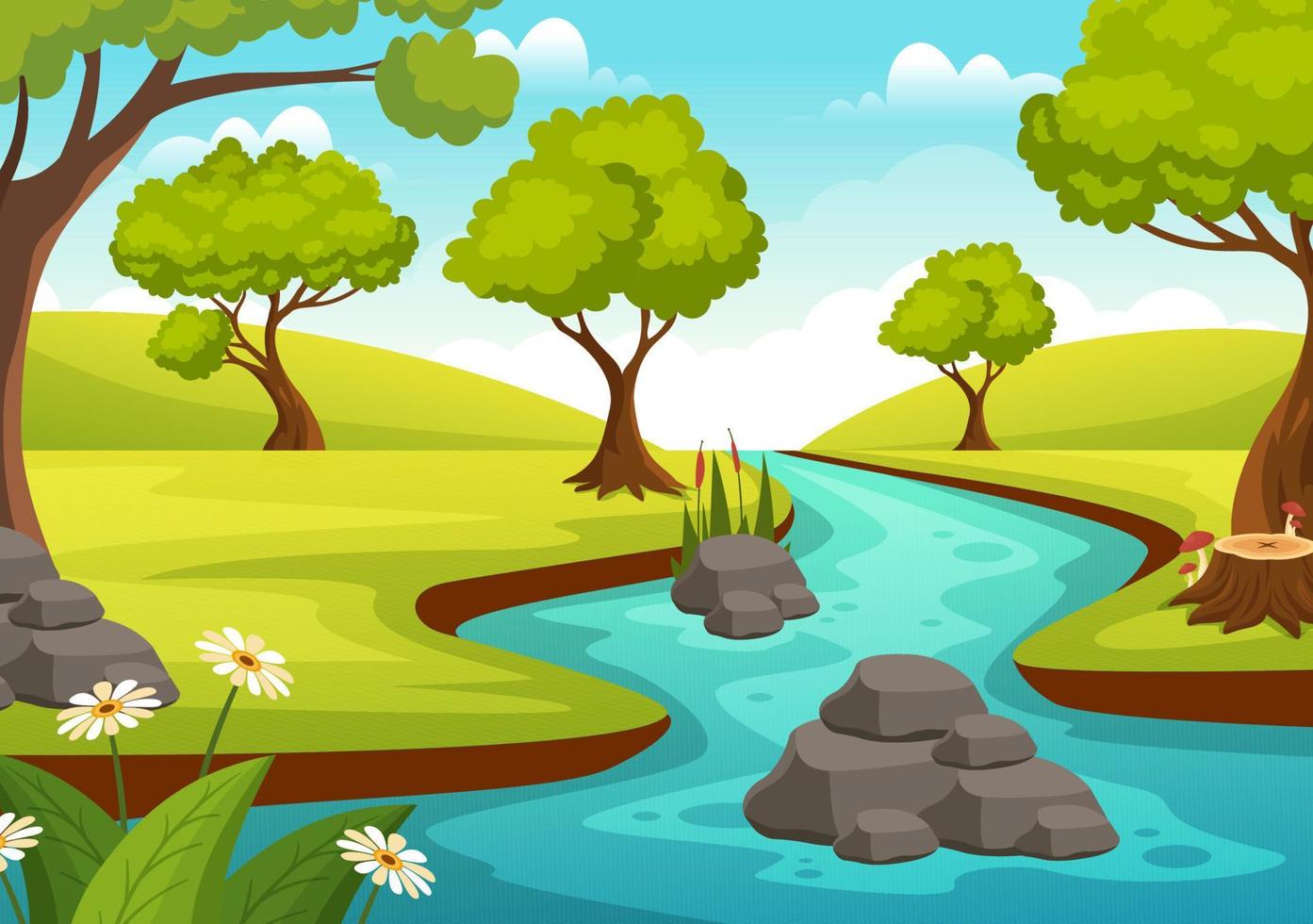 rivier- landschap illustratie met visie bergen, groen velden, bomen en Woud omgeving de rivieren in vlak tekenfilm hand- getrokken Sjablonen vector