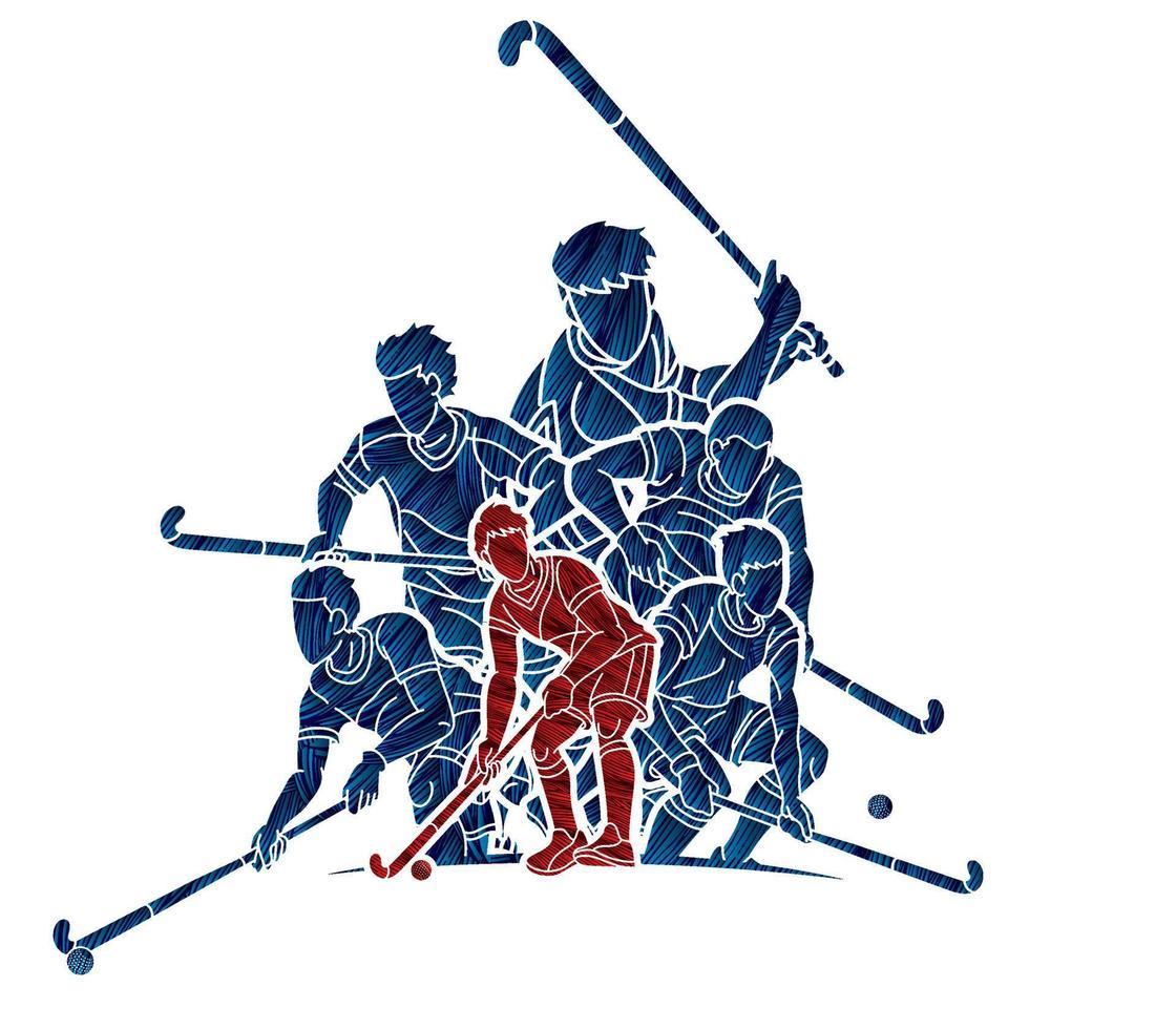 groep van veld- hockey sport team mannetje spelers mengen actie vector