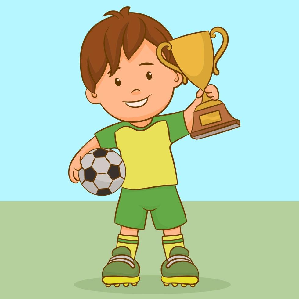 jongen met een voetbal en een winnaarbeker vector