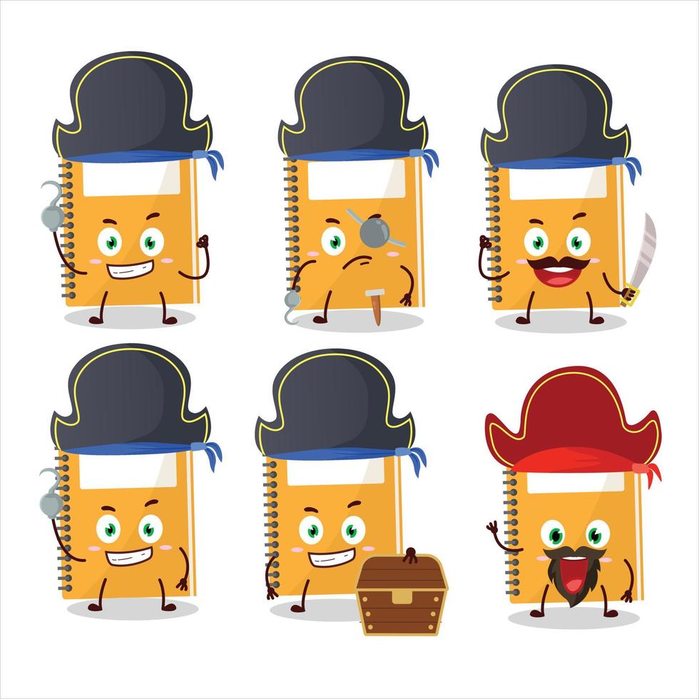 tekenfilm karakter van oranje studie boek met divers piraten emoticons vector