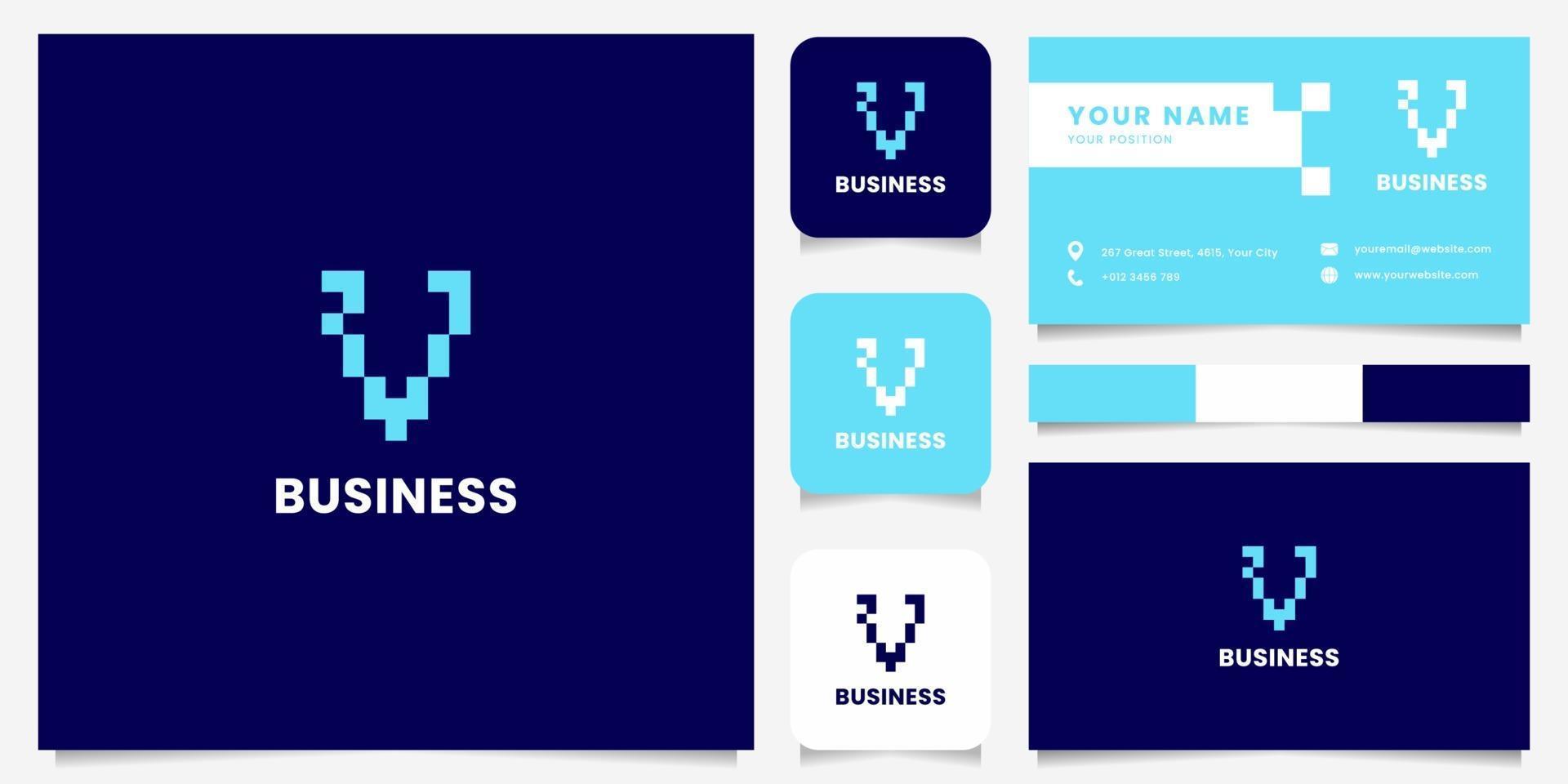 eenvoudig en minimalistisch blauw pixel letter v-logo met sjabloon voor visitekaartjes vector