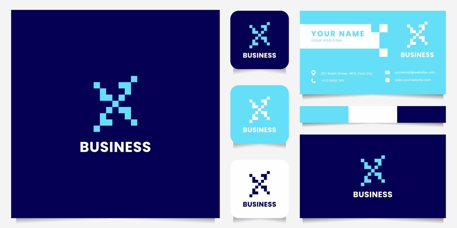 eenvoudig en minimalistisch blauw pixel letter x-logo met sjabloon voor visitekaartjes vector