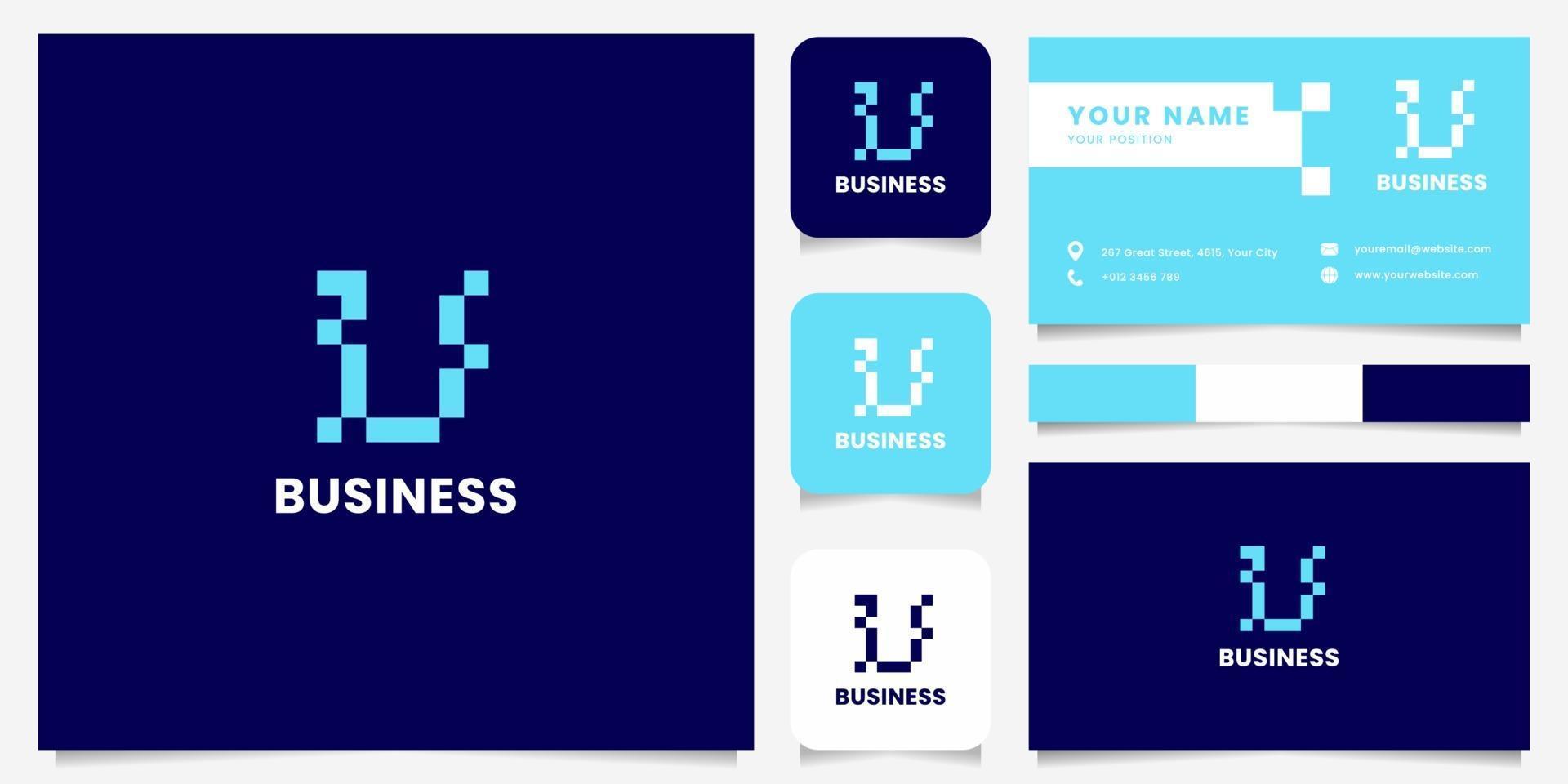 eenvoudig en minimalistisch blauw pixel letter u-logo met sjabloon voor visitekaartjes vector