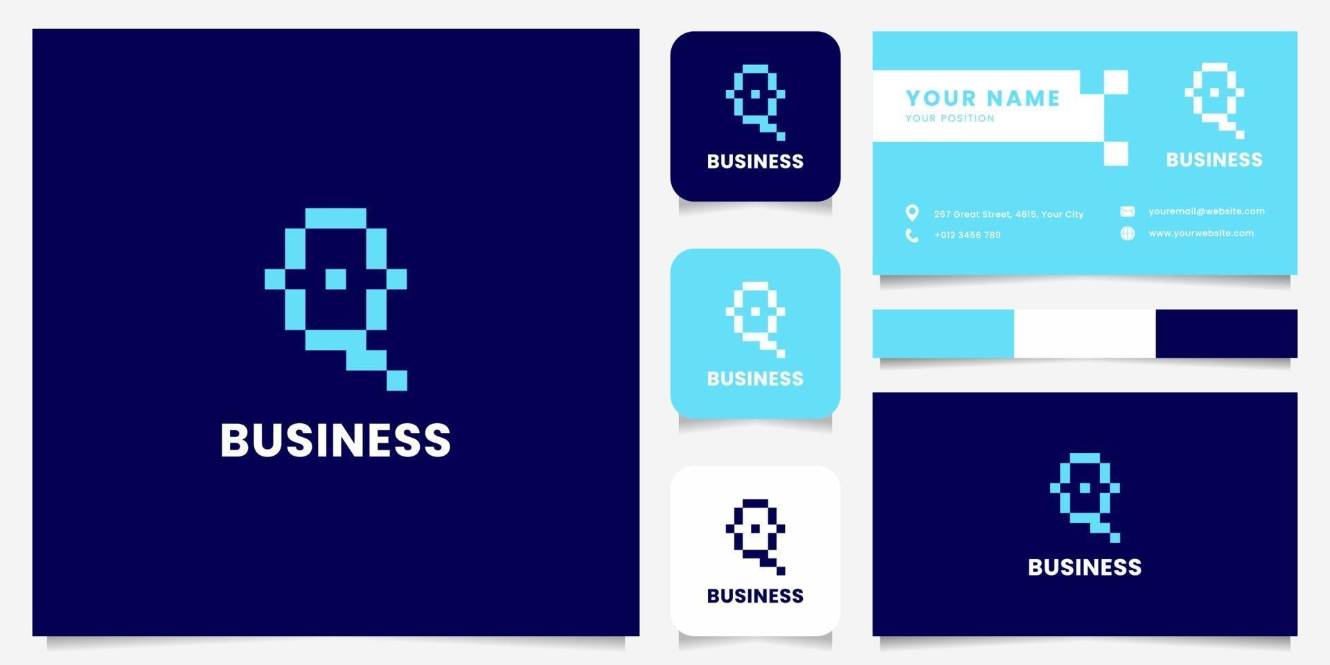 eenvoudig en minimalistisch blauw pixel letter q-logo met sjabloon voor visitekaartjes vector