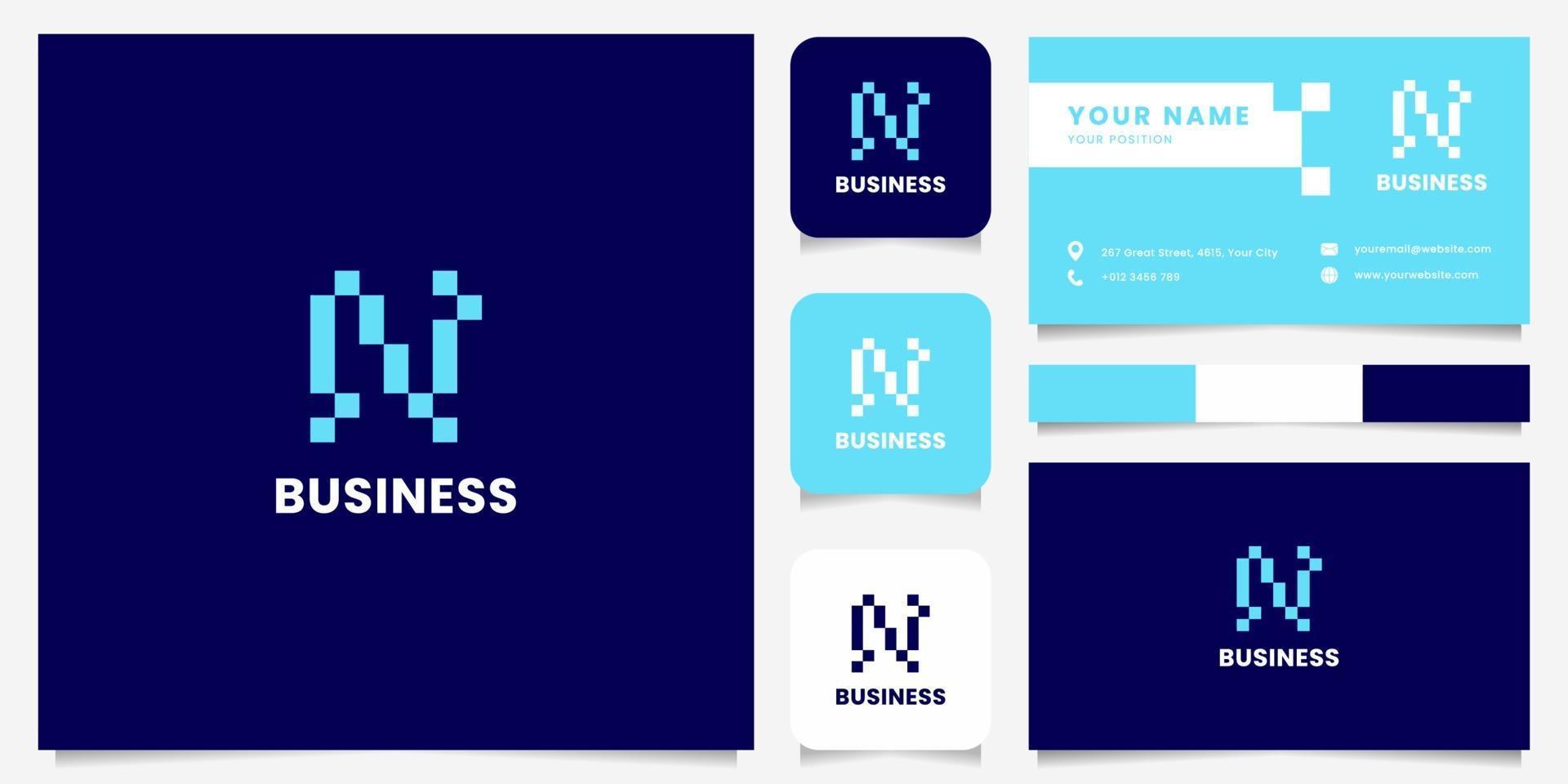 eenvoudig en minimalistisch blauw pixel letter n-logo met sjabloon voor visitekaartjes vector