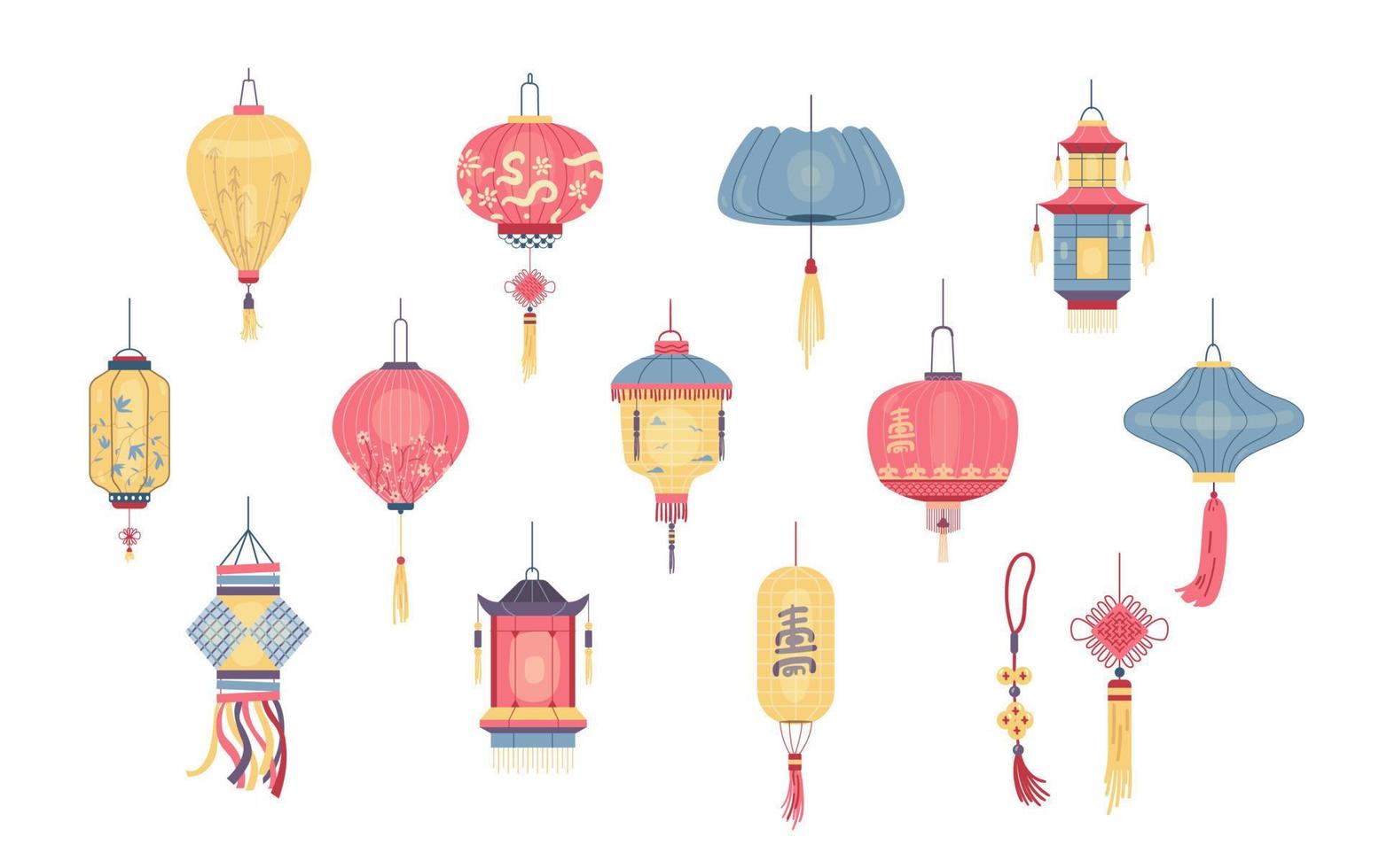 kleurrijk overladen Chinese lantaarns vector illustraties set. Aziatisch lantaarns van verschillend vormen verzameling.