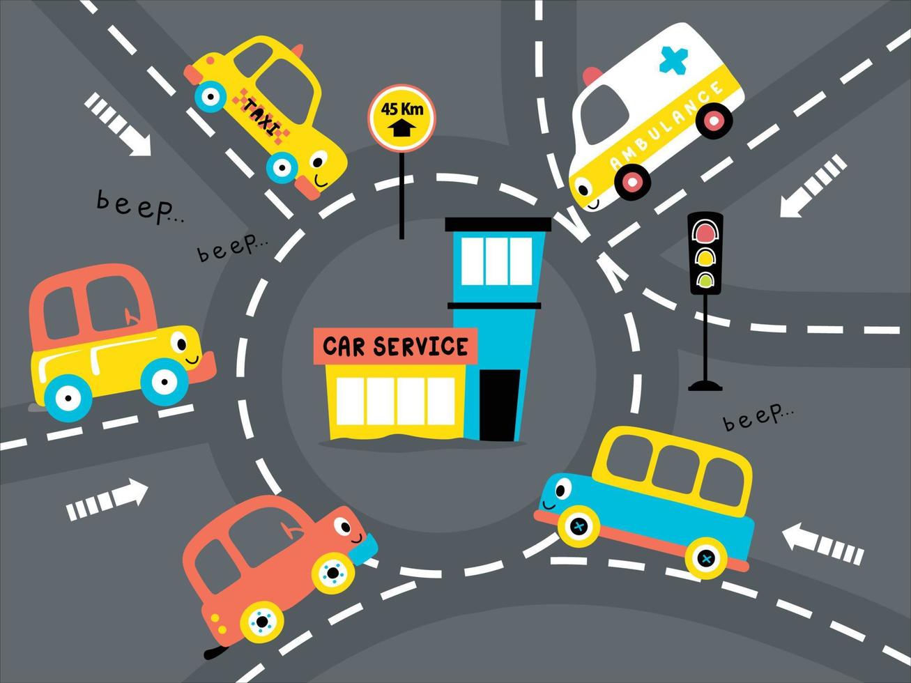 grappig voertuigen tekenfilm in de weg, stad weg element illustratie vector