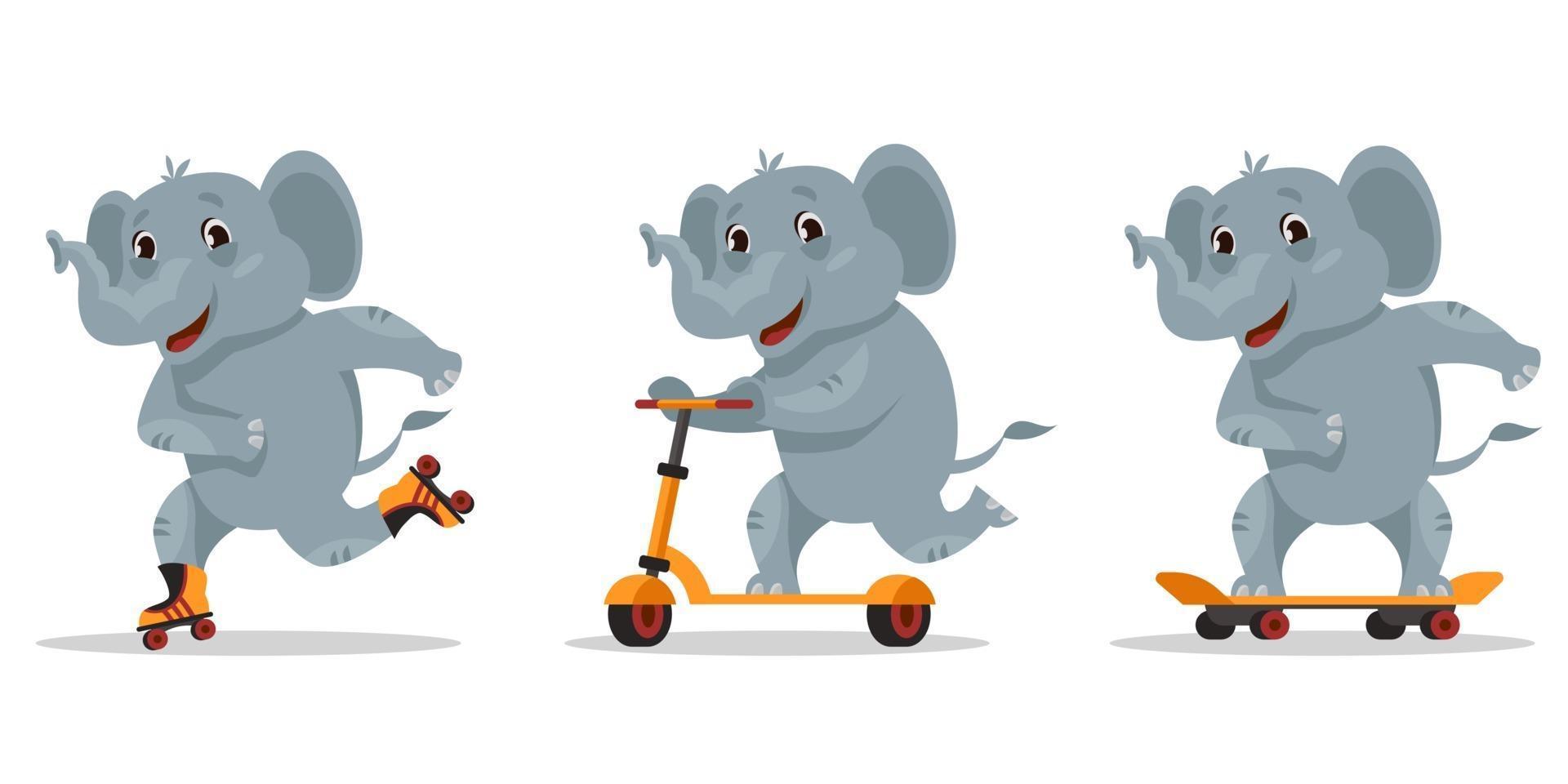 grappige cartoon olifant. dieren rijden op skateboard, rolschaatsen en scooter. vector