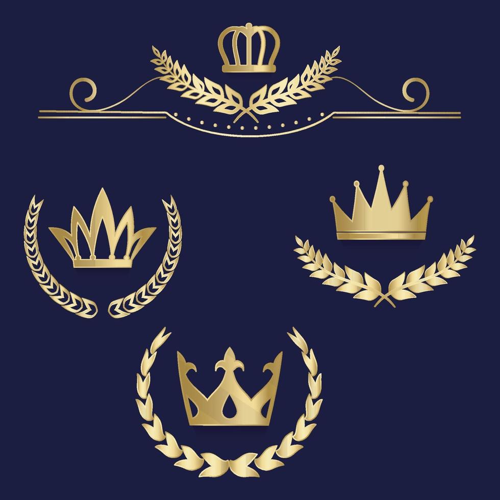 set luxe gouden etiketten, embleem, medailles, bord met lauwerkrans, kroon voor retro-ontwerp van diploma, onderscheiding, logo, pictogram. vector