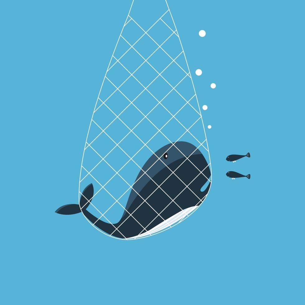 walvis gevangen in visnetten. vector illustratie