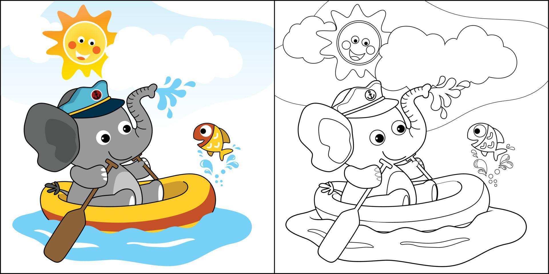 vector tekenfilm van schattig olifant Aan opblaasbaar boot met een weinig vis Bij zomer, kleur boek of bladzijde