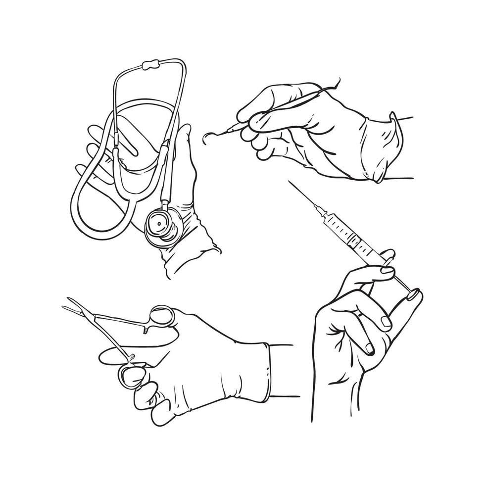lijn tekening van hand- Holding medisch uitrusting vector