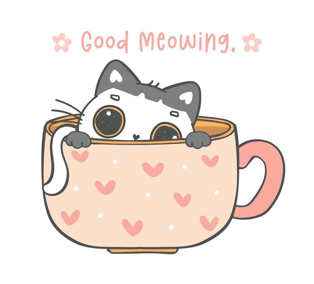 schattig grappig speels katje kat in koffie beker, mooi zo miauwen, tekenfilm dier tekening hand- tekening vector