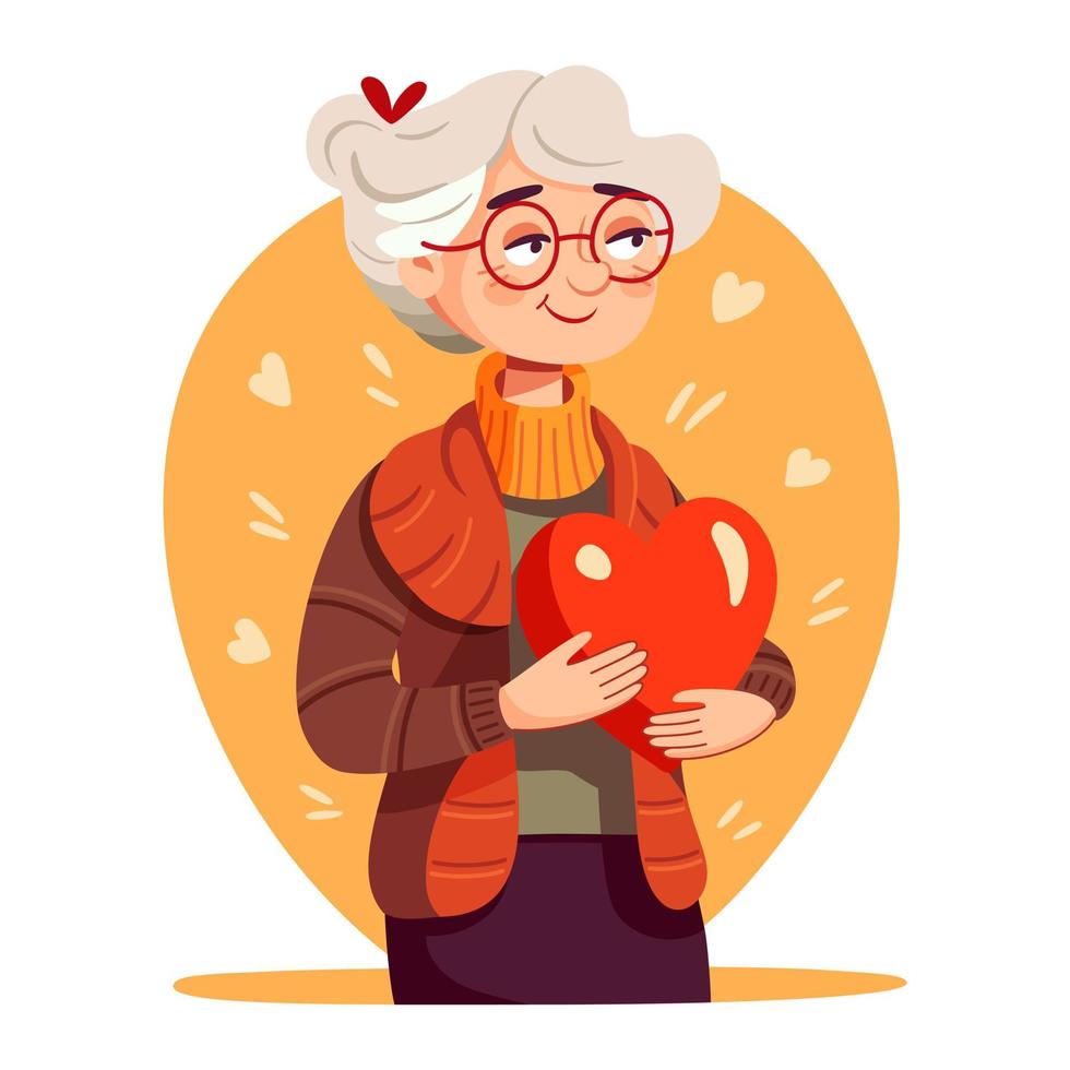 schattig ouderen vrouw Holding een rood hart vector