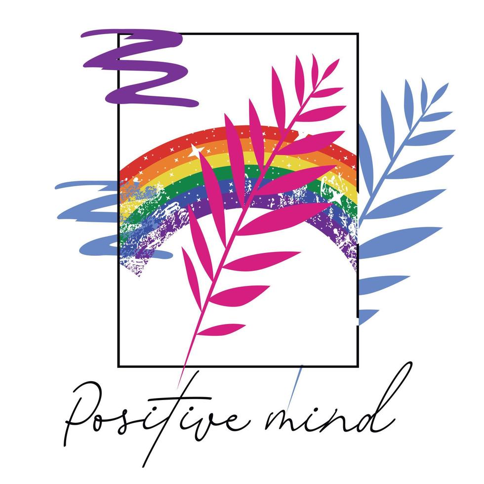 positief verstand. illustratie voor een t-shirt met tekst, regenbogen en takken in een verticaal doos. vector