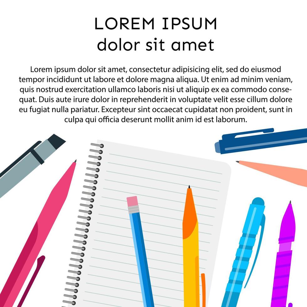 achtergrond met notitieboekje, pennen, potloden en plaats voor uw tekst. vector illustratie.