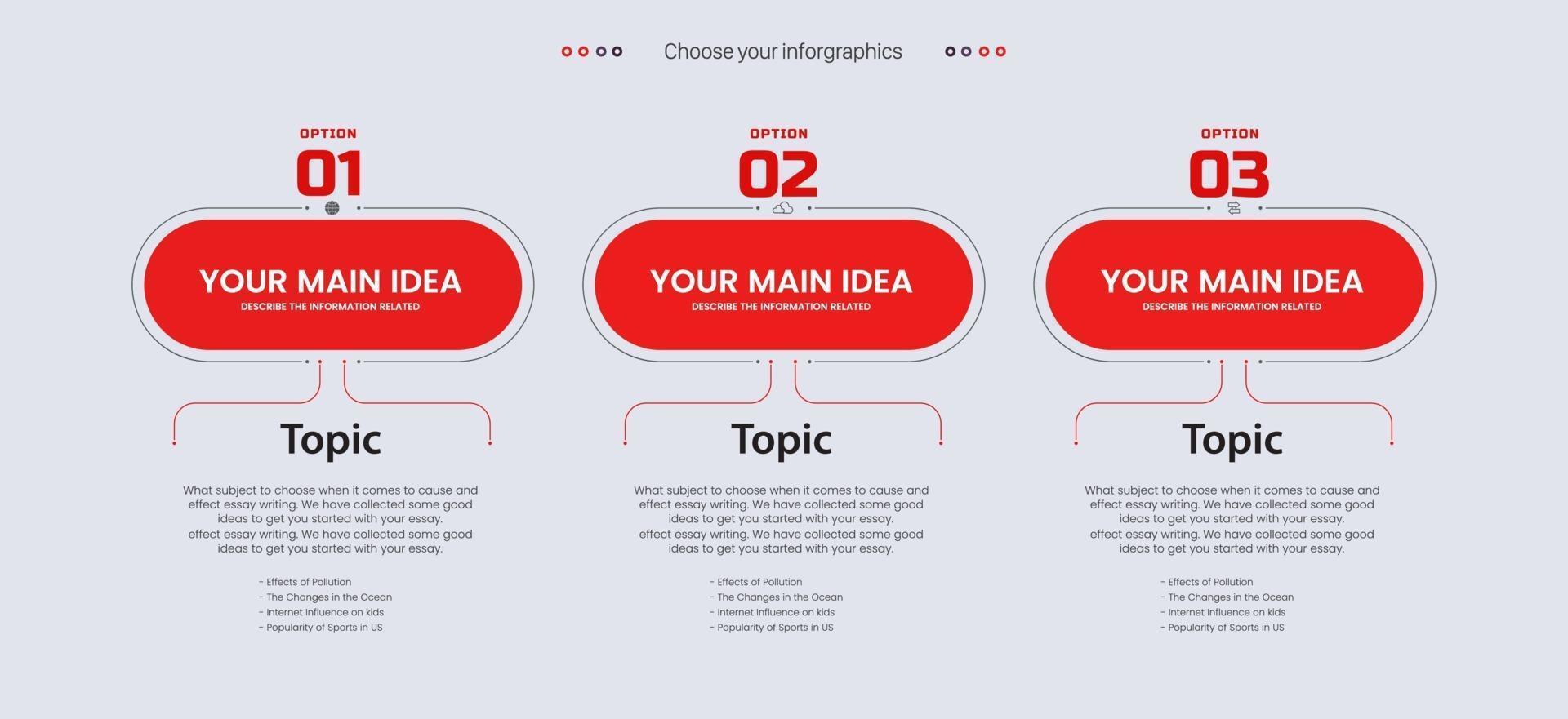 drie rode opties van infographic sjablonenontwerp. vector