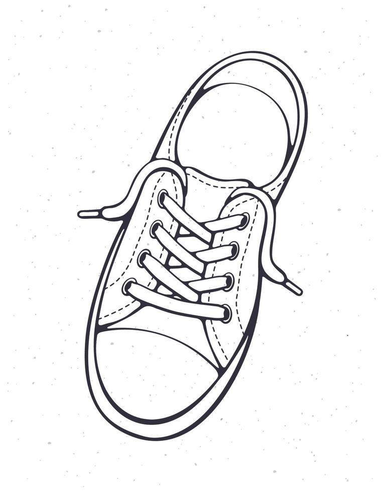 hand- getrokken tekening van een textiel sneaker met rubber teen en los vetersluiting vector