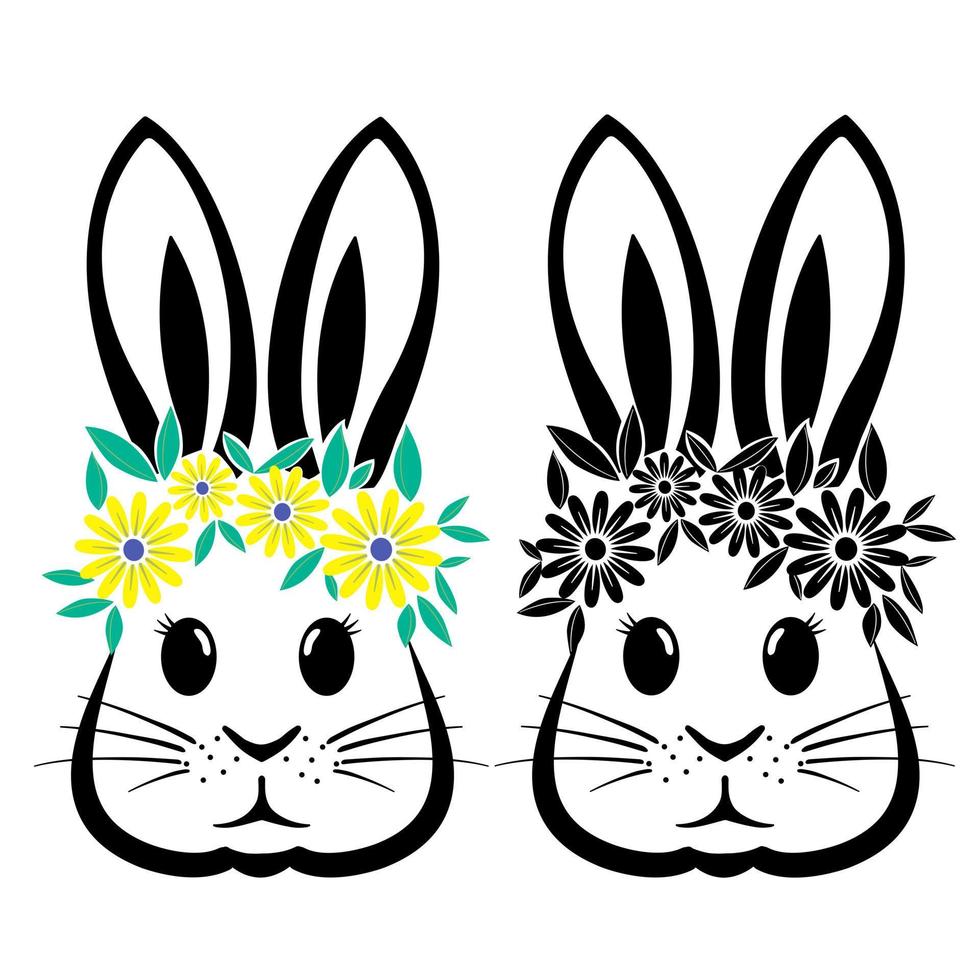 konijn met bloemen en Pasen konijn oren illustratie in zwart en wit vector het dossier.