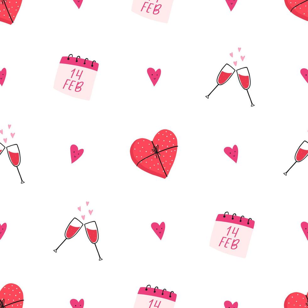 Valentijnsdag dag naadloos patroon, vlak vector illustratie Aan wit achtergrond. vakantie viering elementen - kalender, wijn bril klinken, snoep doos in vorm van hart.