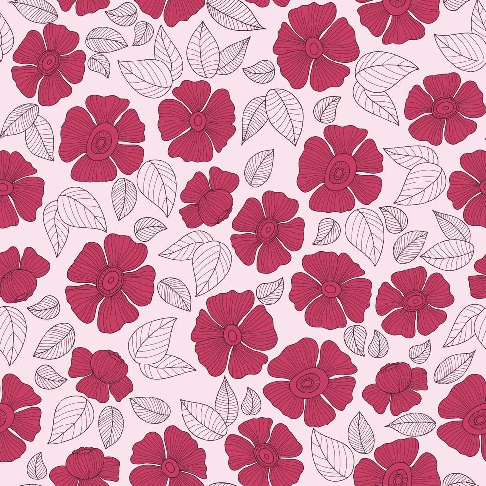 retro bloemen naadloos patroon met magenta groovy bloem Aan roze achtergrond. vector illustratie. esthetisch modern kunst hand- getrokken voor behang, ontwerp, textiel, verpakking, decor.