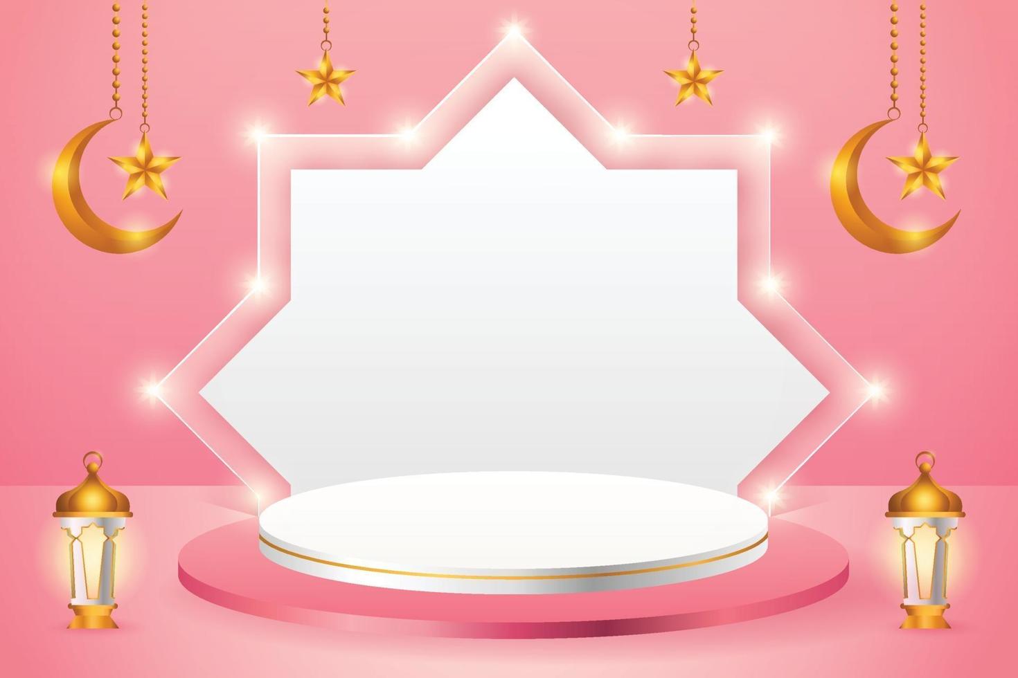 3d-productvertoning roze en wit islamitisch podiumthema met wassende maan, lantaarn en ster voor ramadan vector