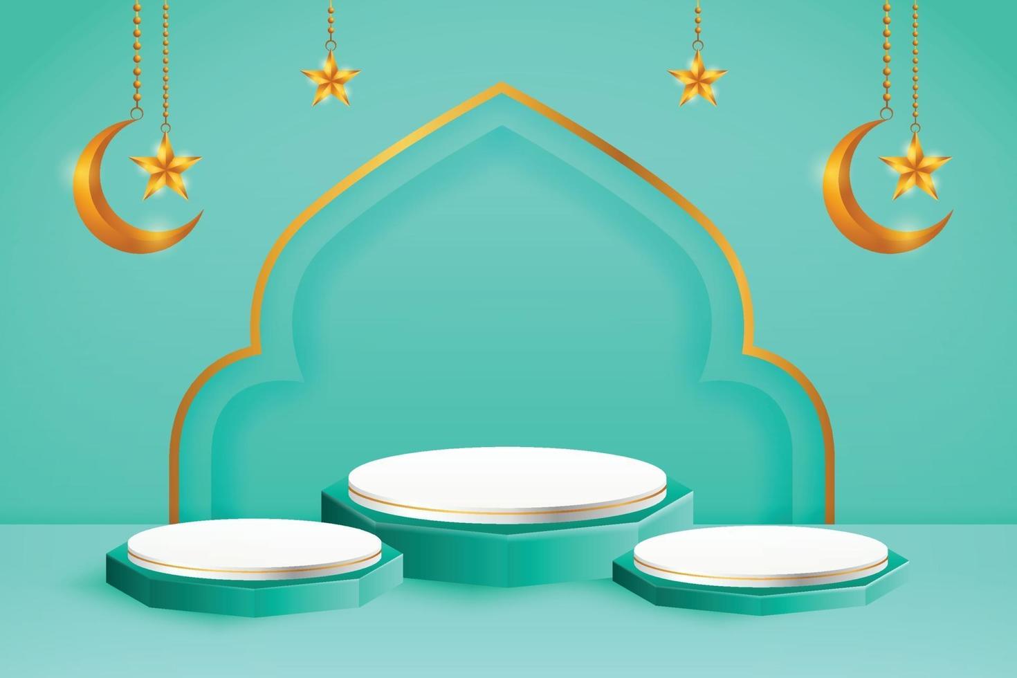 3d-productvertoning blauw en wit islamitisch podiumthema met wassende maan en ster voor ramadan vector