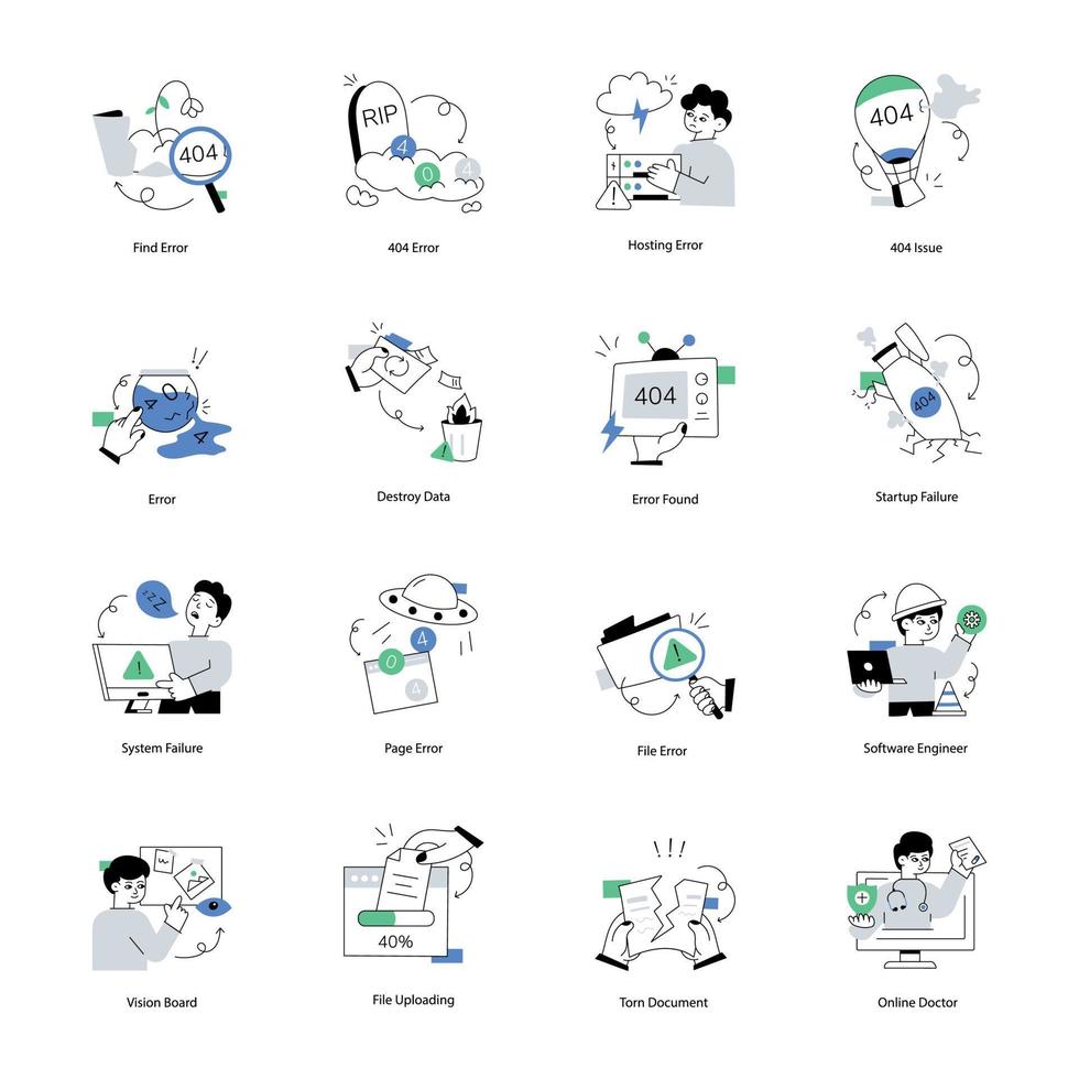 een pak van modieus systeem fouten vlak illustraties vector