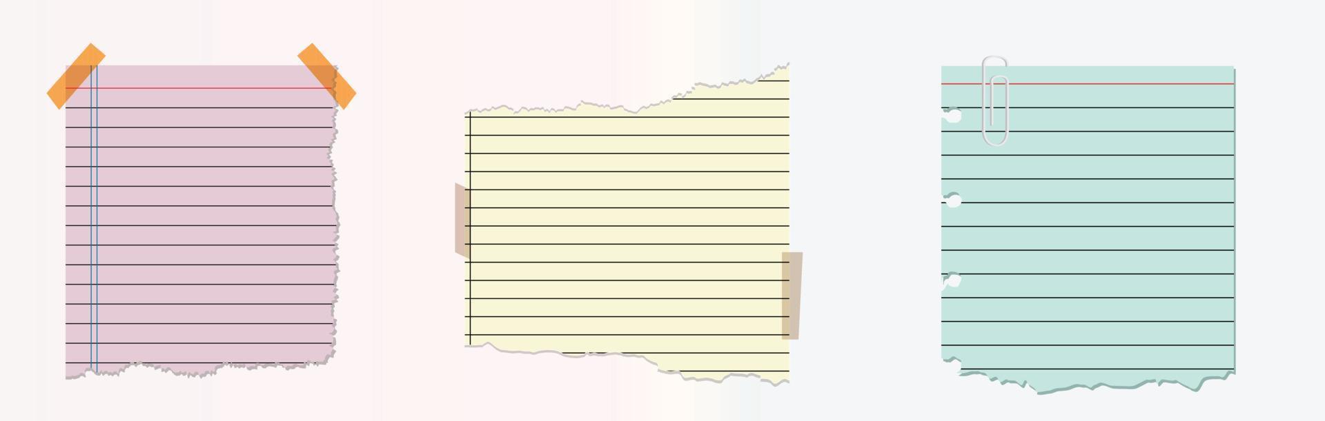 3 sets van gescheurd papier notities. gescheurd Notitie papier vectoren. Notitie papier achtergronden. pastel palet Notitie papier. vector