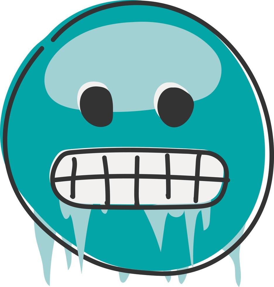 verkoudheid emoji. bevriezing emoticon, ijzig blauw gezicht met gestrooid tanden, ijspegels en sneeuw kap. hand- getrokken, vlak stijl emoticon. vector