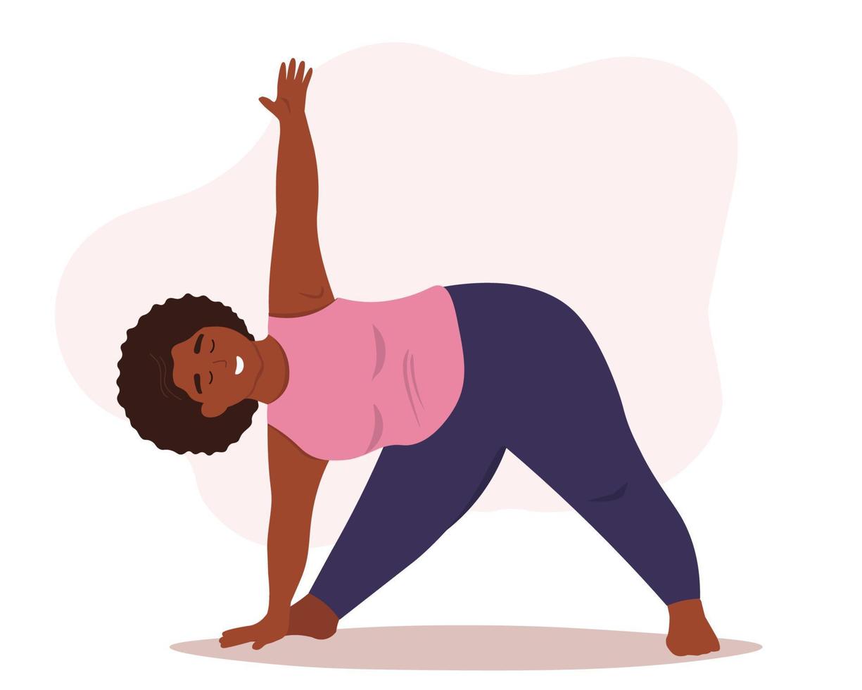 mollig vrouw aan het doen yoga, mediteren. dik actief oefening voor evenwicht, gewicht verlies. vector vlak grafiek.