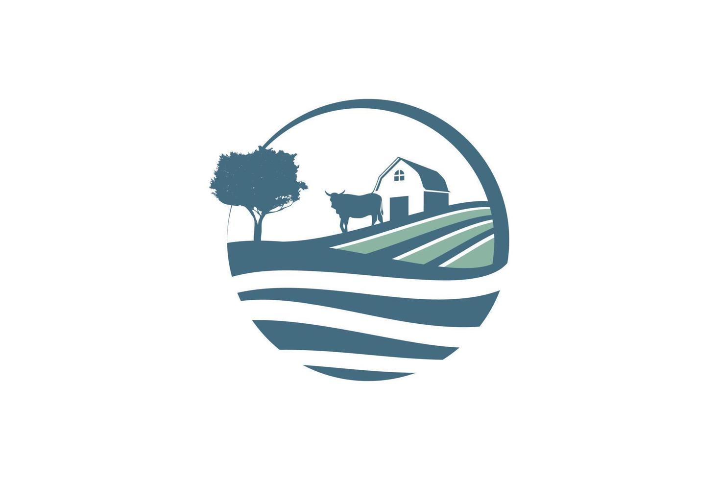 natuur boerderij logo met een combinatie van een schuur, veld, koe, en boom met een mooi visie. vector