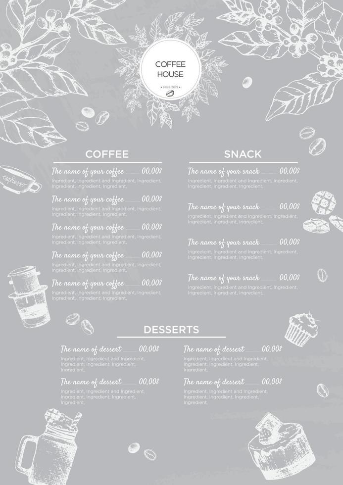 voorraad vector Kerstmis sjabloon koffie huis of restaurant menu. een drank folder voor bar en cafe. sjabloon met hand getekend wijnoogst illustratie koffie en desserts door krijt Aan de grijs bord.