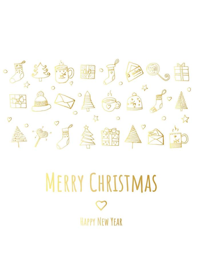 vrolijk Kerstmis en gelukkig nieuw jaar vector poster of groet kaart ontwerp met hand- getrokken doodles elementen. Kerstmis banier met goud verloop.