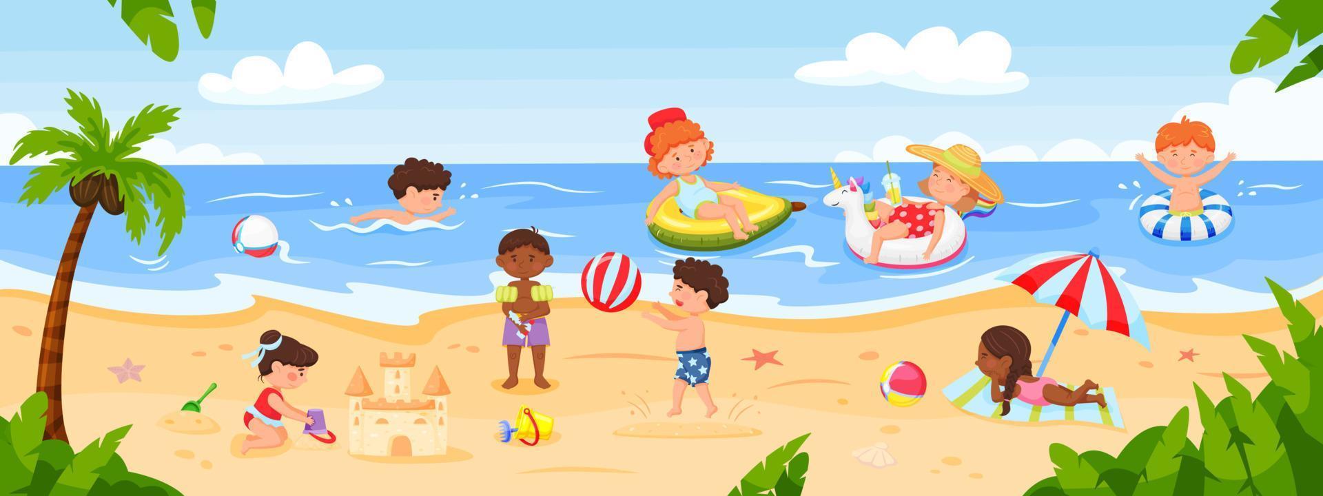 kinderen spelen Bij strand. gelukkig kinderen spelen Bij kust, zwemmen in oceaan, gebouw Zandkasteel. zomer vakantie of vakantie vector illustratie