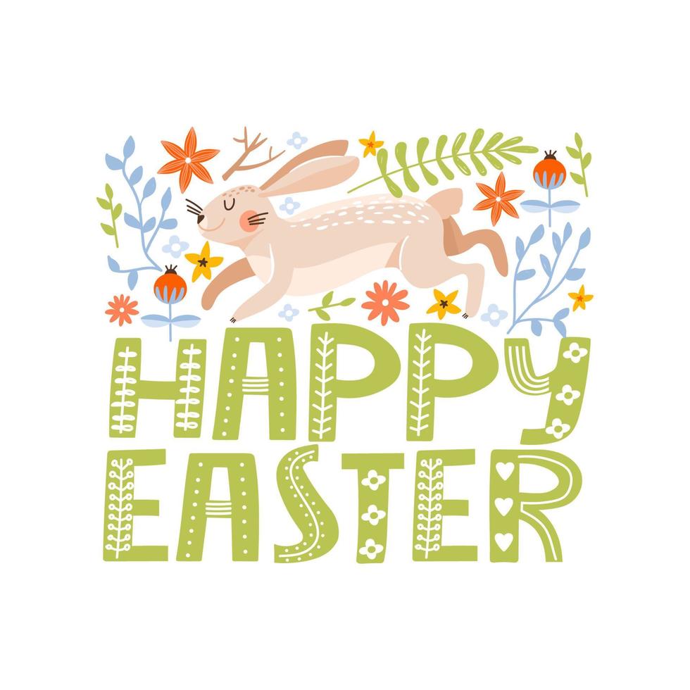 gelukkig Pasen groet kaart met schattig konijn, bloemen, bladeren en belettering. konijn rennen Aan een bloemen achtergrond. vector illustratie voor kaart, uitnodiging, poster, folder enz.