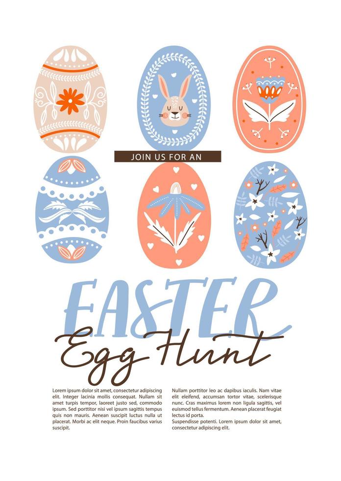 gelukkig Pasen ei jacht uitnodiging sjabloon met kopiëren ruimte. gekleurde eieren met divers decoratie. vector illustratie voor vakantie kaart, uitnodiging, poster, folder enz.
