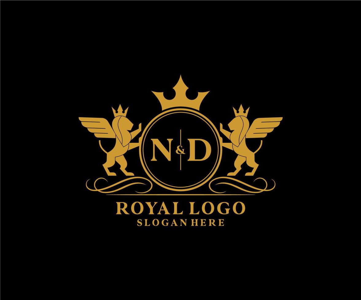 eerste nd brief leeuw Koninklijk luxe heraldisch, wapen logo sjabloon in vector kunst voor restaurant, royalty, boetiek, cafe, hotel, heraldisch, sieraden, mode en andere vector illustratie.