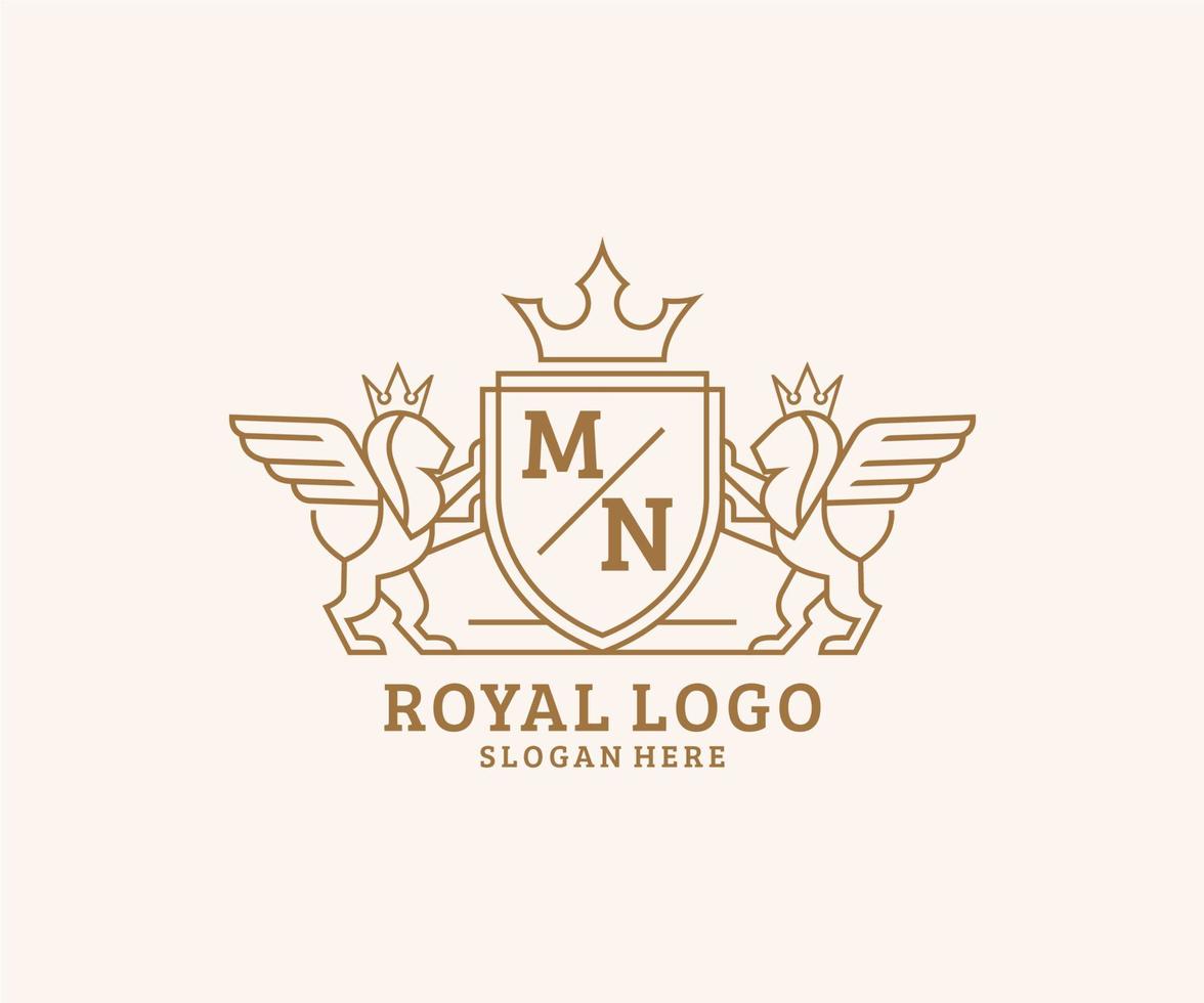 eerste mn brief leeuw Koninklijk luxe heraldisch, wapen logo sjabloon in vector kunst voor restaurant, royalty, boetiek, cafe, hotel, heraldisch, sieraden, mode en andere vector illustratie.