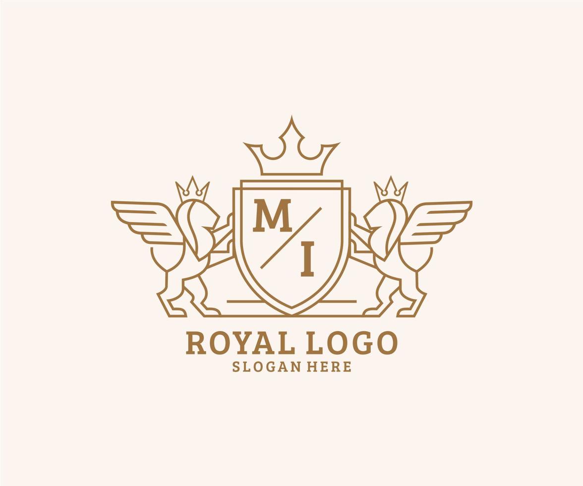 eerste mi brief leeuw Koninklijk luxe heraldisch, wapen logo sjabloon in vector kunst voor restaurant, royalty, boetiek, cafe, hotel, heraldisch, sieraden, mode en andere vector illustratie.