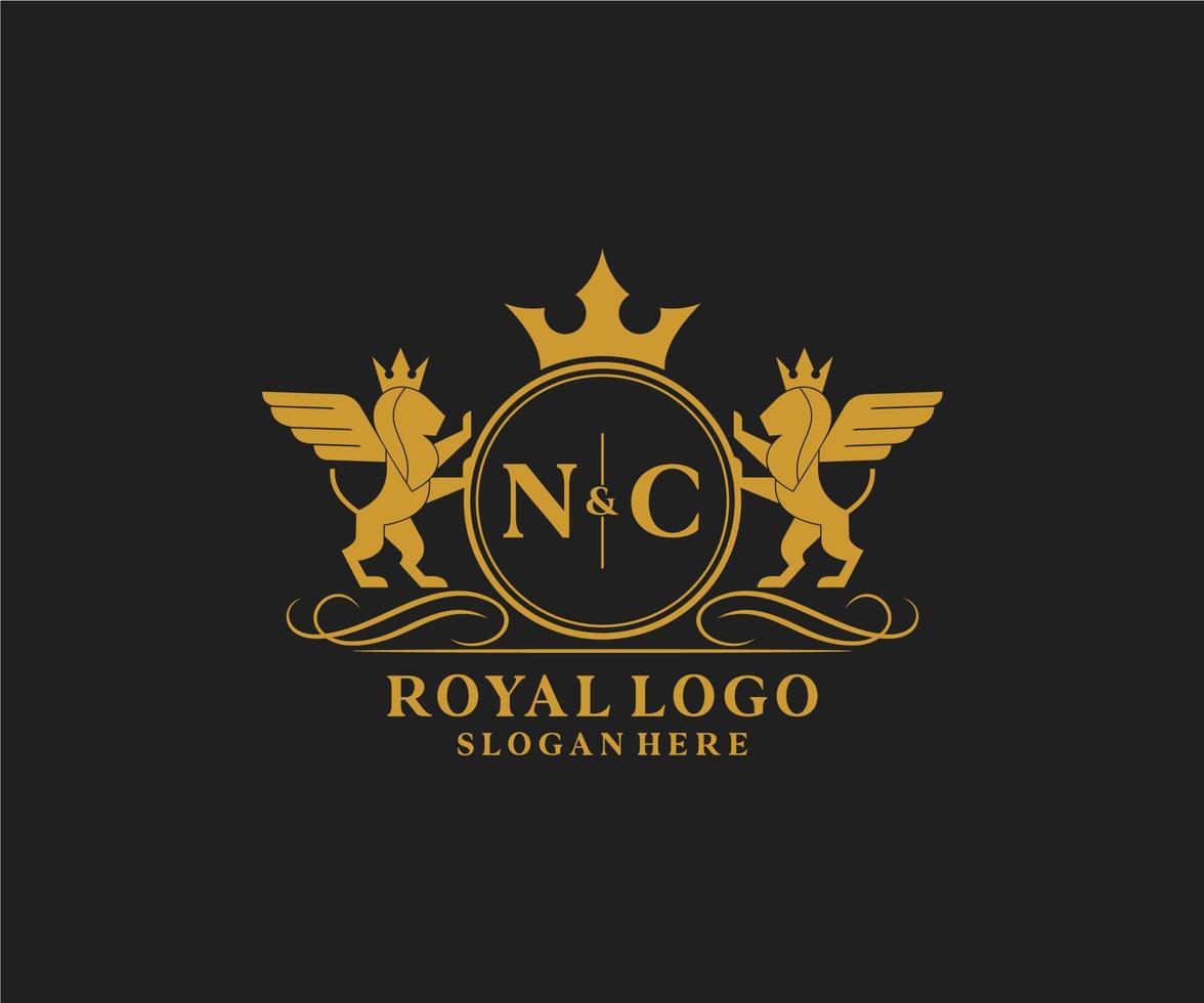 eerste nc brief leeuw Koninklijk luxe heraldisch, wapen logo sjabloon in vector kunst voor restaurant, royalty, boetiek, cafe, hotel, heraldisch, sieraden, mode en andere vector illustratie.