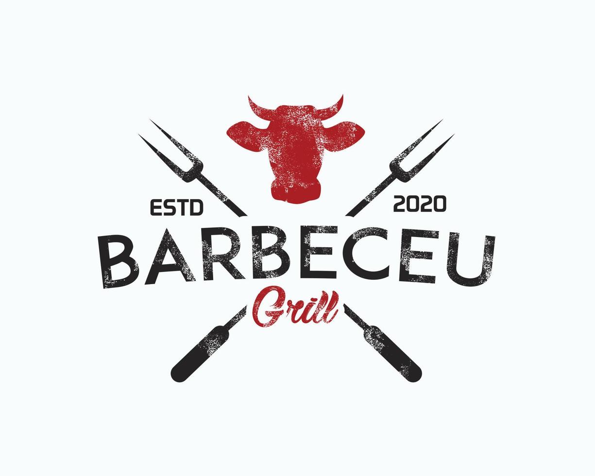 de barbecue logo, een combinatie van een koe hoofd, een spatel, en een vork, is geschikt voor ondernemingen verloofd in voedsel vector