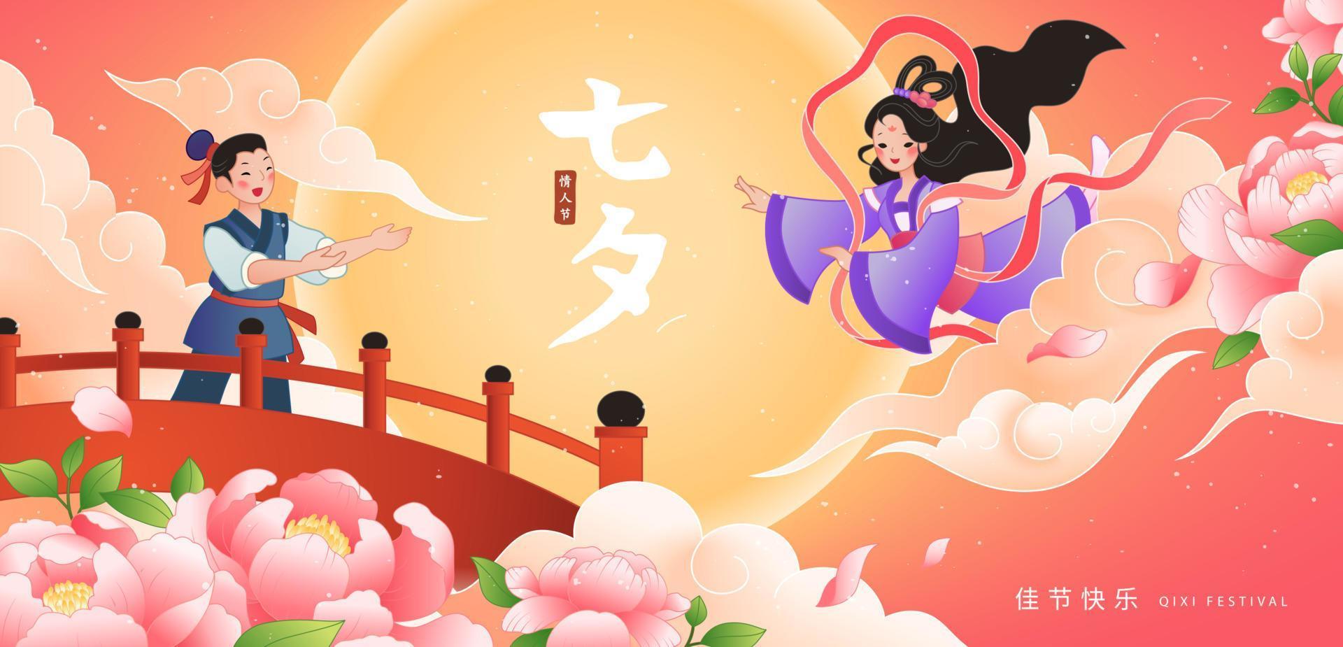 qixi festival spandoek. illustratie van wever meisjes vliegend naar ontmoeten koeherder Bij een brug Aan schemer achtergrond. Chinese vertaling, qixi festival, Chinese valentijnsdag dag vector