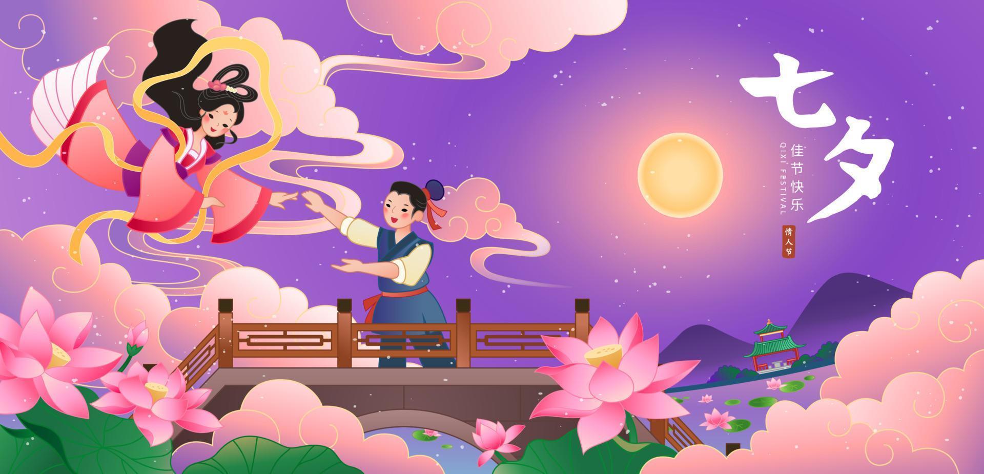 qixi festival spandoek. illustratie van wever meisjes vliegend naar ontmoeten koeherder Bij een brug Aan lotus vijver onder vol maan nacht. Chinese vertaling, qixi festival, Chinese valentijnsdag dag vector