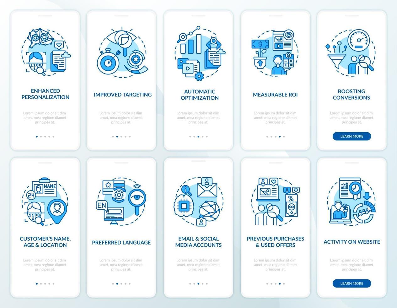 slimme inhoud blauwe onboarding mobiele app paginascherm met concepten ingesteld vector