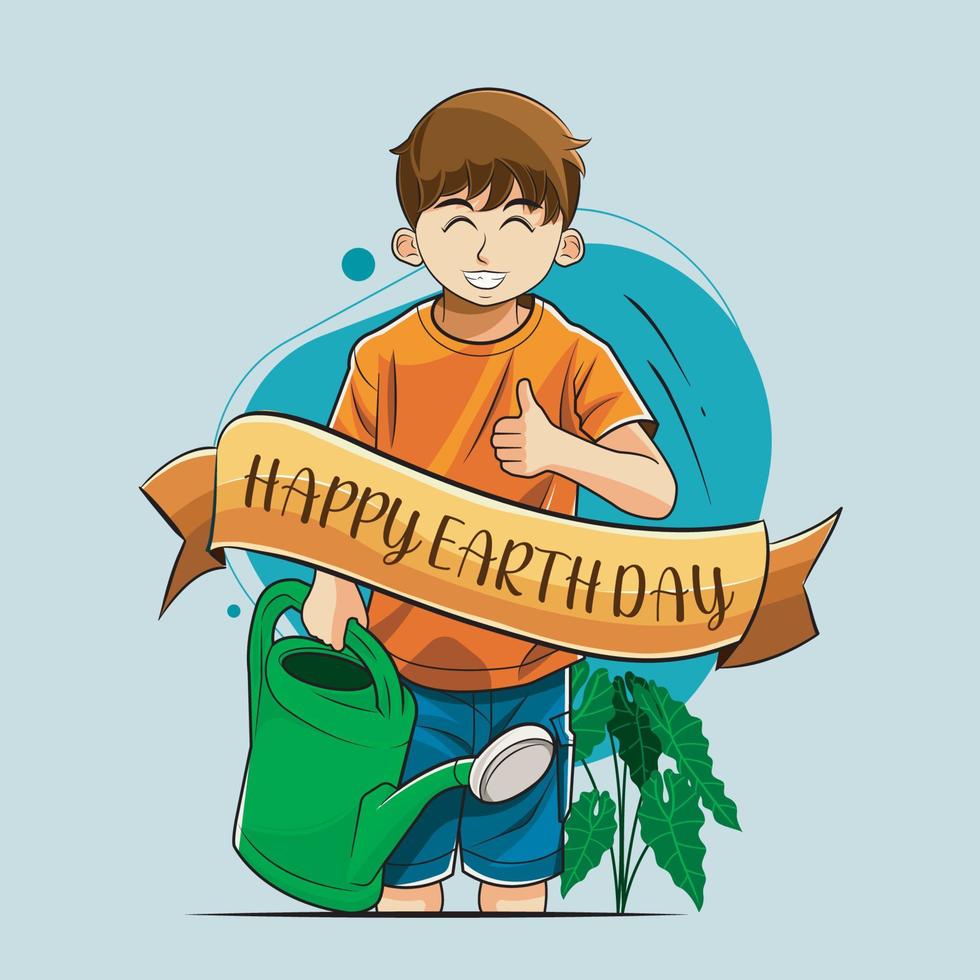 gelukkig aarde dag met gelukkig jongen gieter planten vector illustratie vrij downloaden