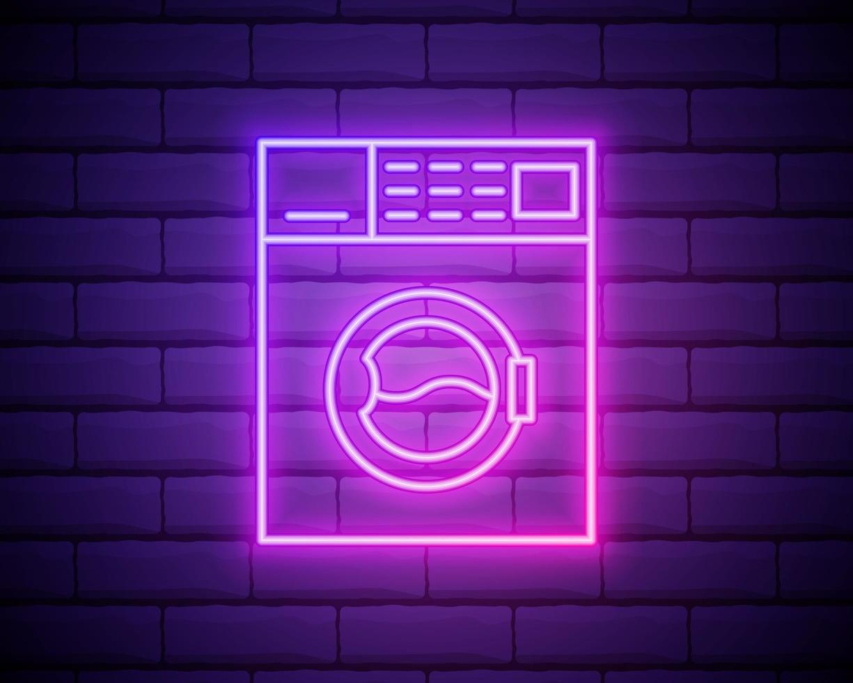 gloeiende neon wasmachine pictogram geïsoleerd op bakstenen muur achtergrond. wasmachine pictogram vector